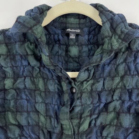 Madewell Popcorn Plaid Flannel Shirt Women's XS Blue Green 3/4 Sleeve - Picture 7 of 9